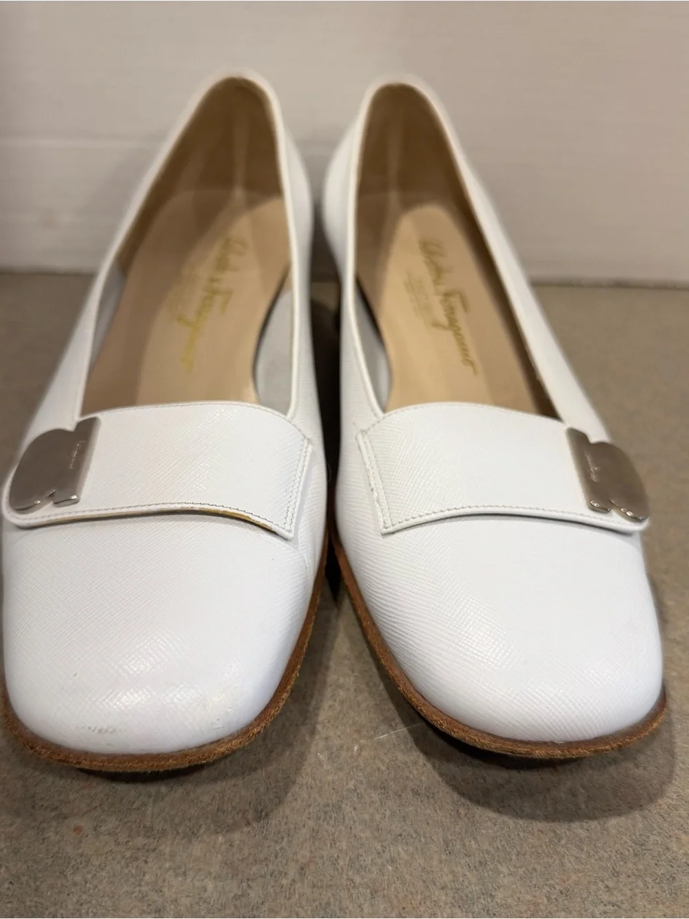 Salvatore Ferragamo White Leather Low Block Heel Loafers with Silver Buckle